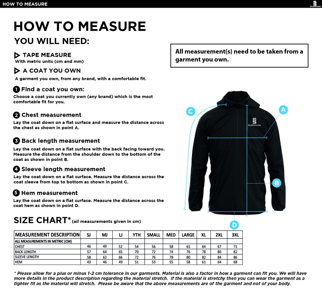 PE Department - Dual Elite 1/4 Zip Hoody / Rain Jacket - Unisex Fit - Size Guide