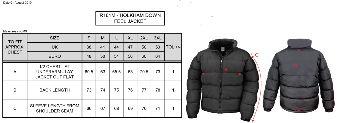 PE Department - Holkham Down Feel Jacket - Men's Fit - Size Guide