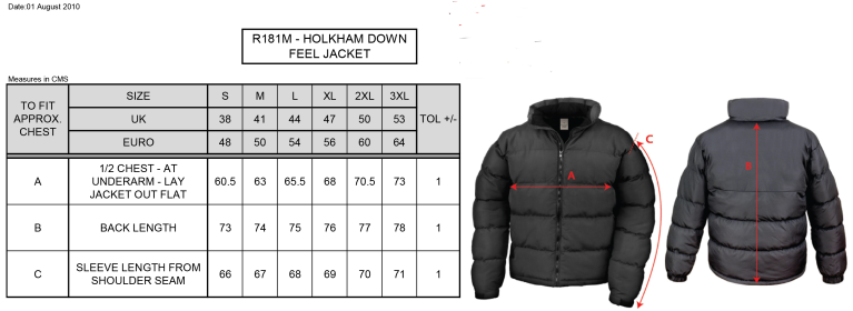 PE Department - Holkham Down Feel Jacket - Men's Fit - Size Guide