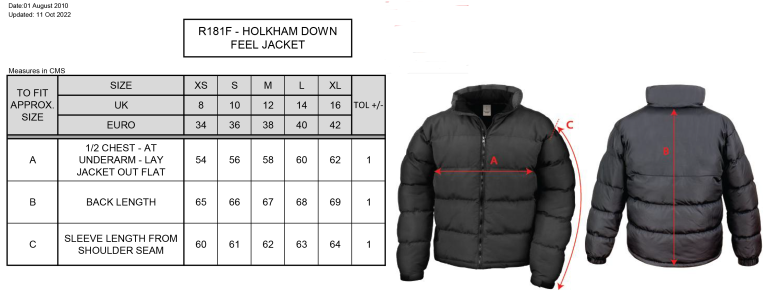 Performing Arts - Holkham Down Feel Jacket - Women's Fit - Size Guide