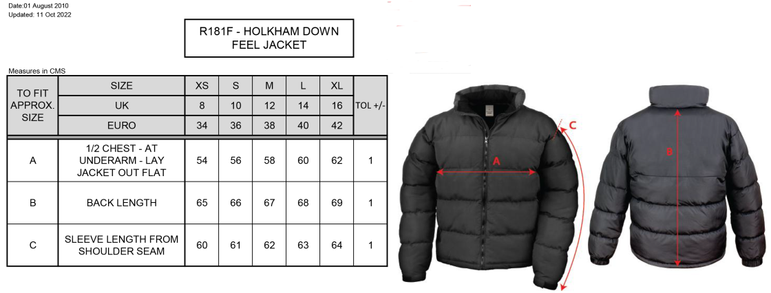 PE Department - Holkham Down Feel Jacket - Women's Fit - Size Guide