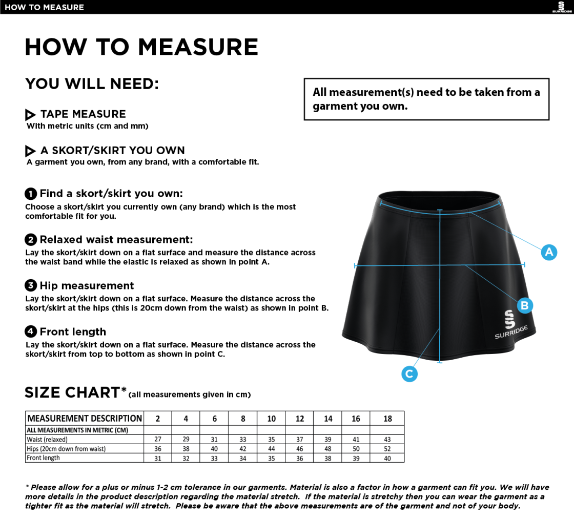 Pupils - Blade Skort - Girl's Fit - Size Guide