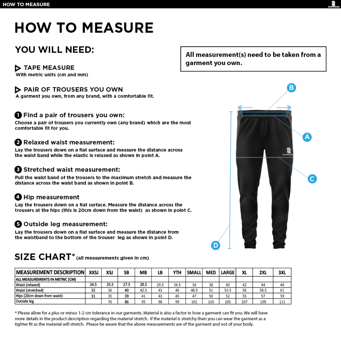 Pupils - Tek Slim Training Pants - Unisex Fit - Size Guide