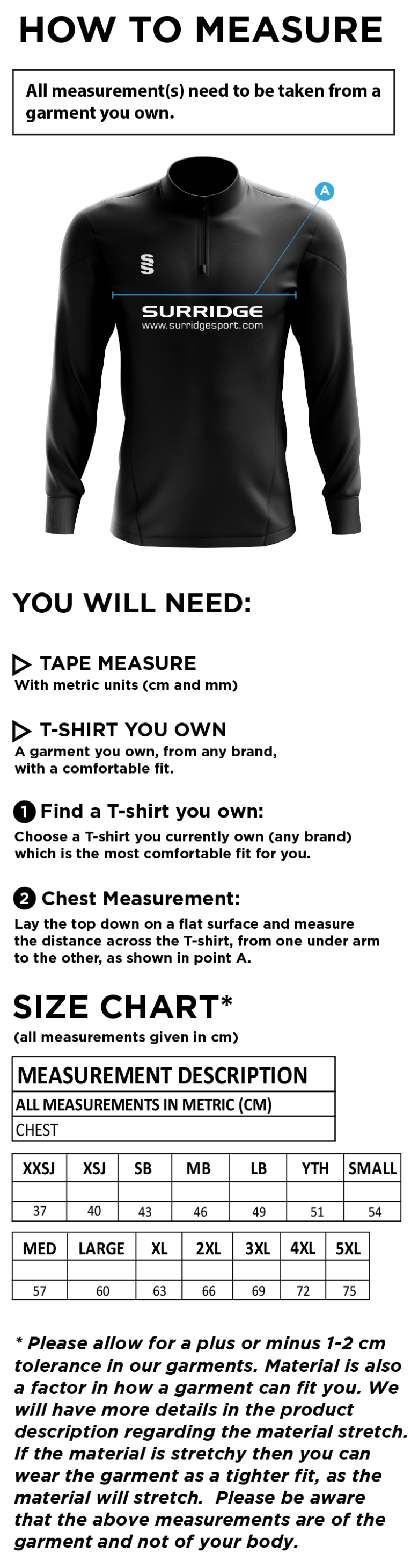 Pupils - Fuse Performance Top - Unisex Fit - Size Guide