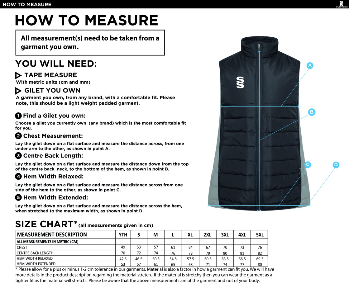 PE Department - Padded Bodywarmer - Unisex Fit - Size Guide