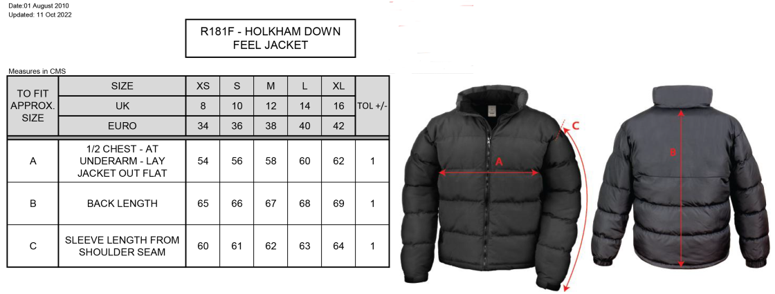 Performing Arts - Holkham Down Feel Jacket - Women's Fit - Size Guide