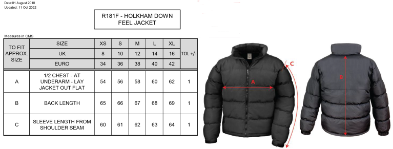 Performing Arts - Holkham Down Feel Jacket - Women's Fit - Size Guide