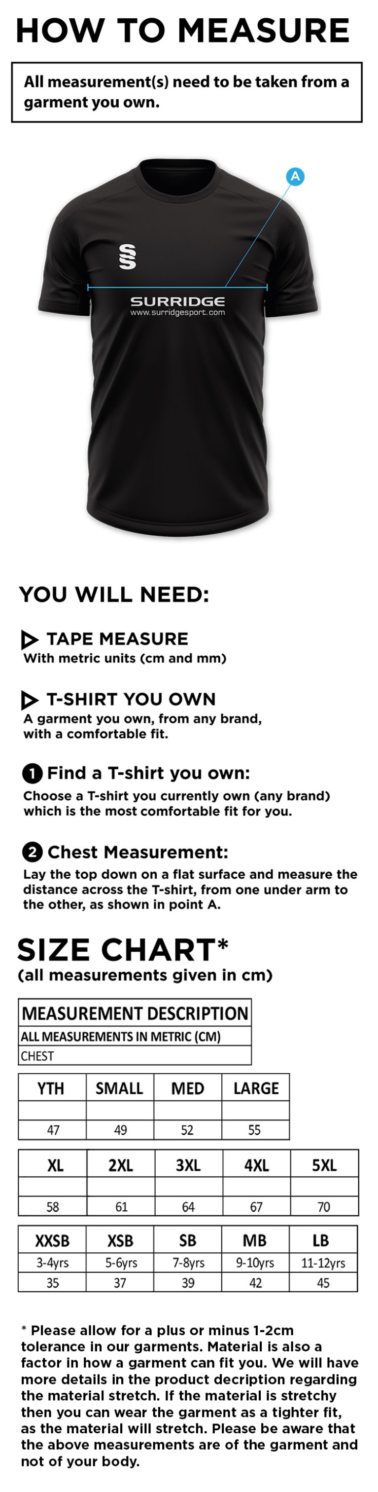 Pupils - Fuse Training Shirt - Unisex Fit - Size Guide