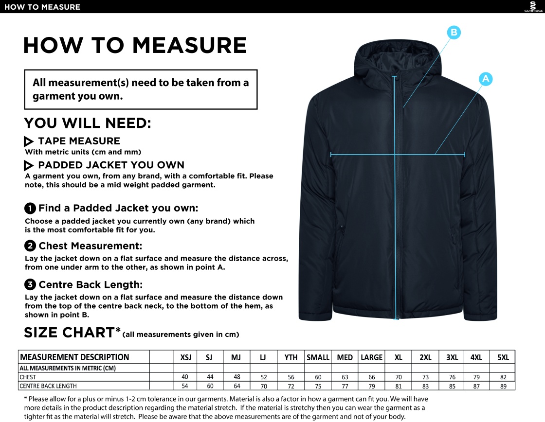 PE Department - Ct Padded Jacket - Unisex Fit - Size Guide