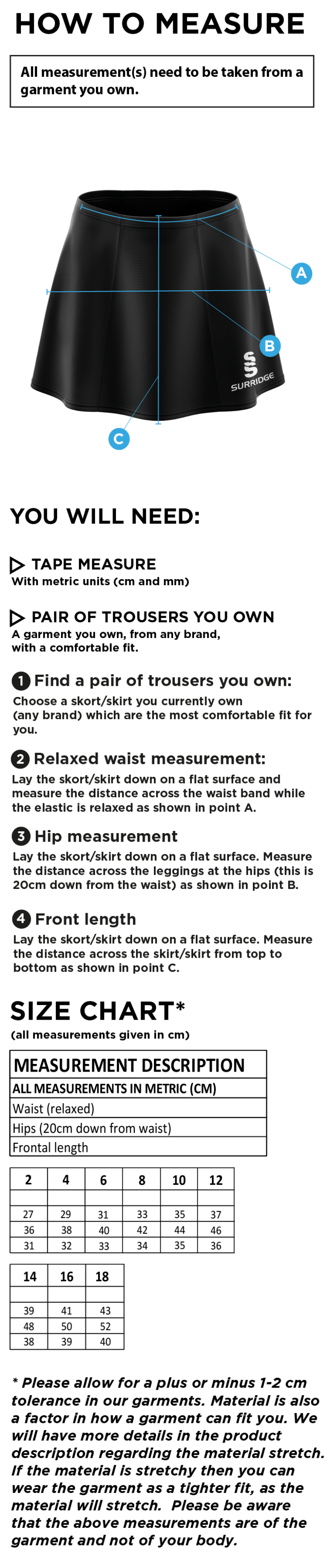 Pupils - Blade Skort - Girl's Fit - Size Guide