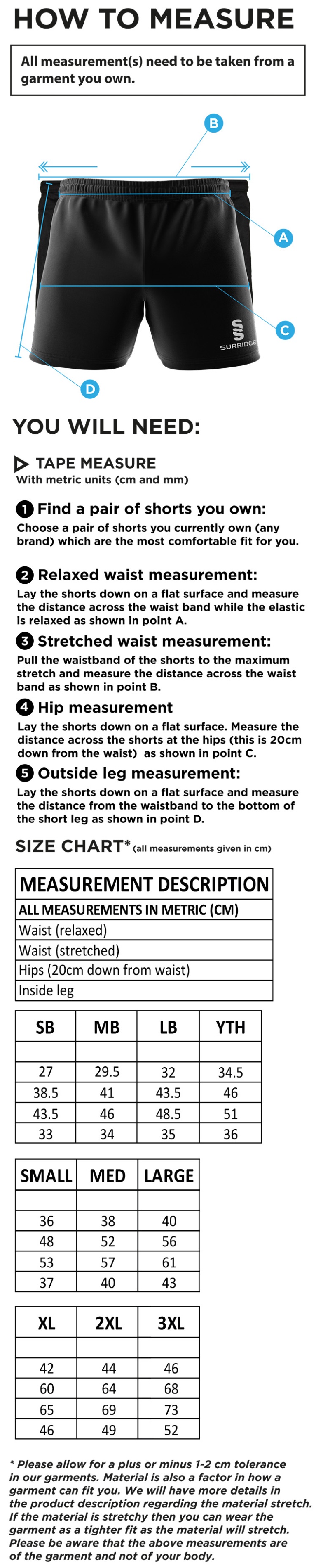 Performing Arts - Performance Gym Short - Unisex Fit - Size Guide