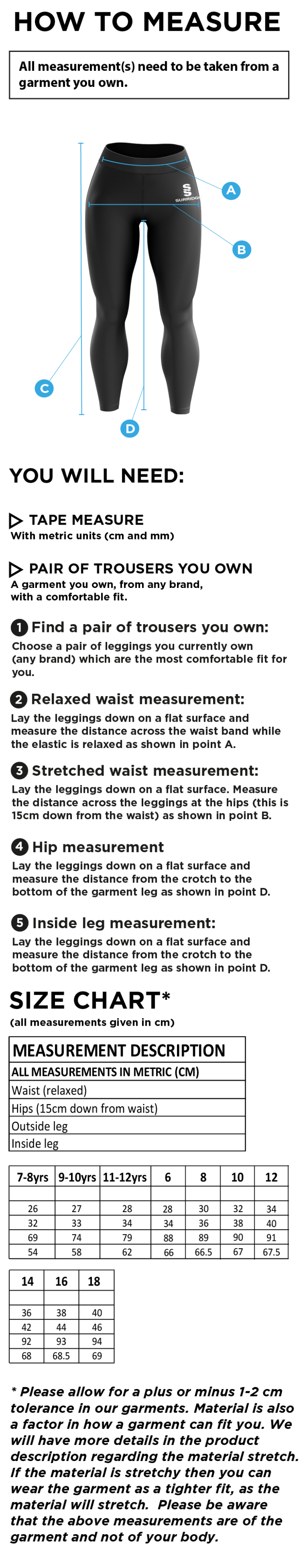 Pupils - Performance Full Length Leggings - Girl's Fit - Size Guide