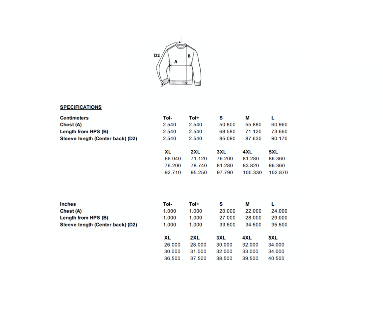 PE Department - Long Sleeved Sweatshirt - Unisex Fit - Size Guide