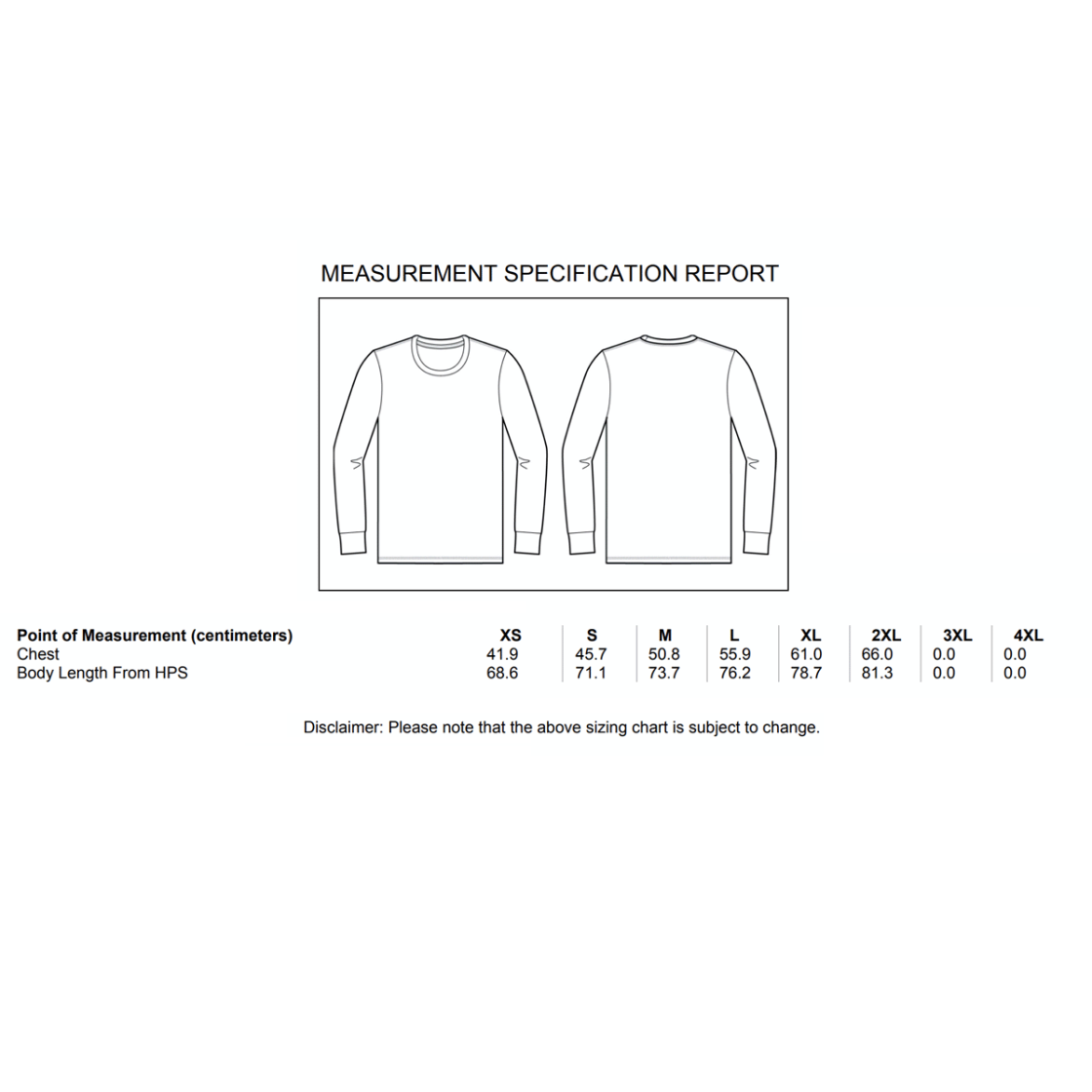 PE Department - Long Sleeved T-Shirt- Unisex Fit - Size Guide