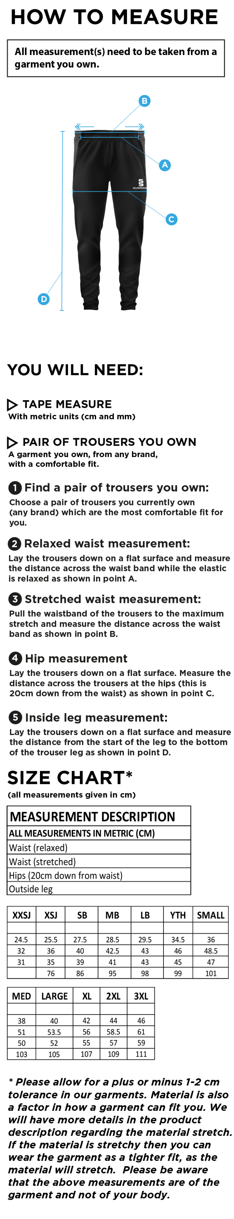 Pupils - Tek Slim Training Pants - Unisex Fit - Size Guide