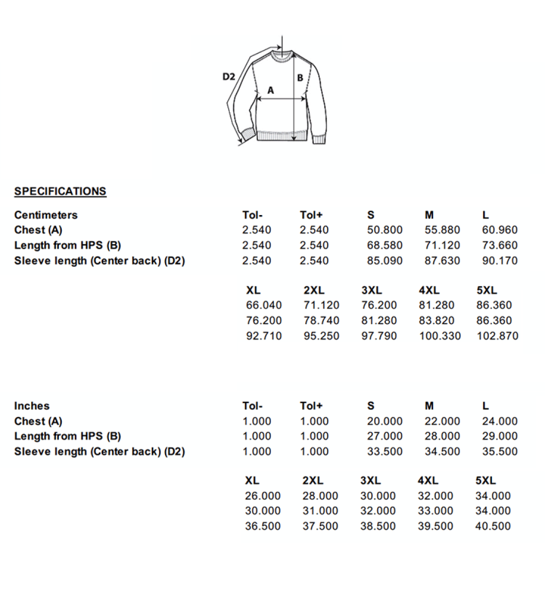 PE Department - Long Sleeved Sweatshirt - Unisex Fit - Size Guide