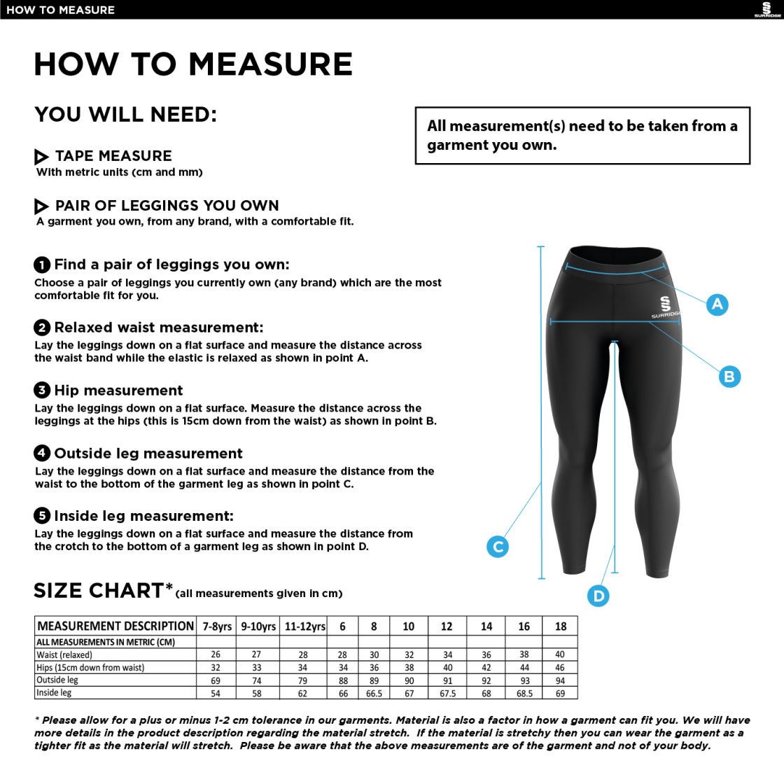 Pupils - Performance Full Length Leggings - Girl's Fit - Size Guide