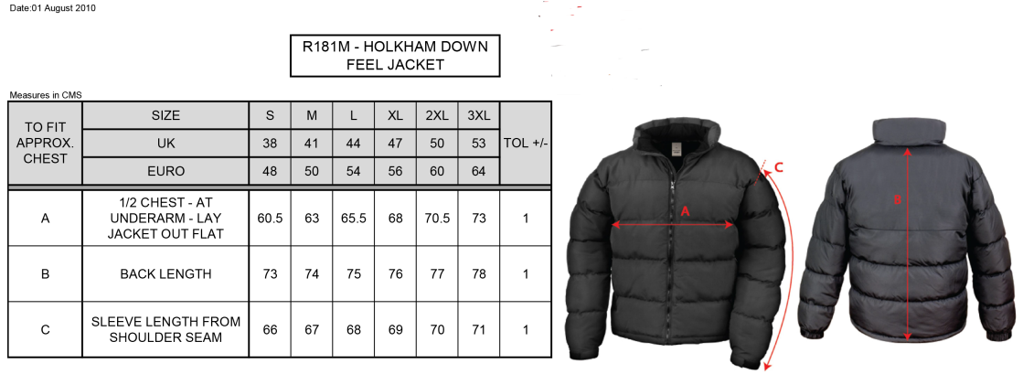 Performing Arts - Holkham Down Feel Jacket - Men's Fit - Size Guide