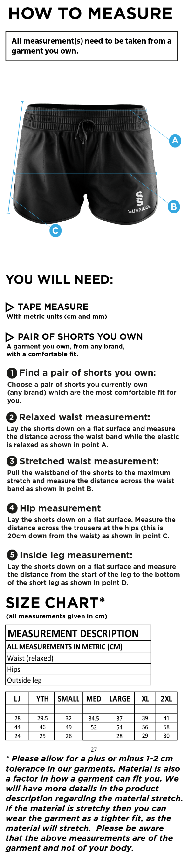 Performing Arts - Dual Active Short - Women's Fit - Size Guide