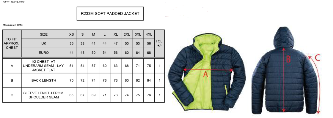 Performing Arts - Supersoft Padded Jacket - Unisex Fit - Size Guide