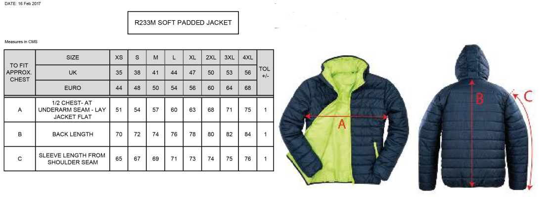 Performing Arts - Supersoft Padded Jacket - Unisex Fit - Size Guide